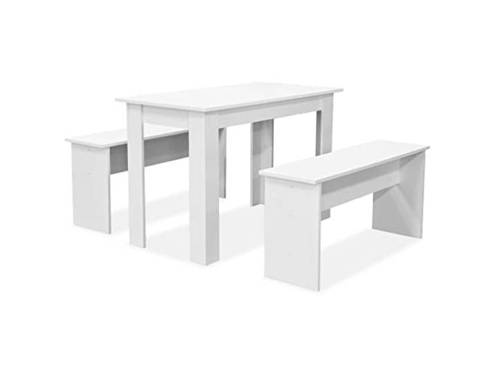 Weiß Esszimmer Set 3tlg. Tisch I 2 Bänke Material Holzfackeln, PVC-Kanten, Einfache Montage, Reinigung Feuchttuch