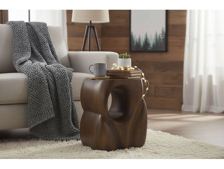 Beistelltisch SIT Nairobi aus Mango massiv mit offenem Fach , braun, B:36cm H:41cm T:26cm, Mango massiv, Tische, Beistelltisch, Extravagante Form mit offenem Fach aus Mango massiv