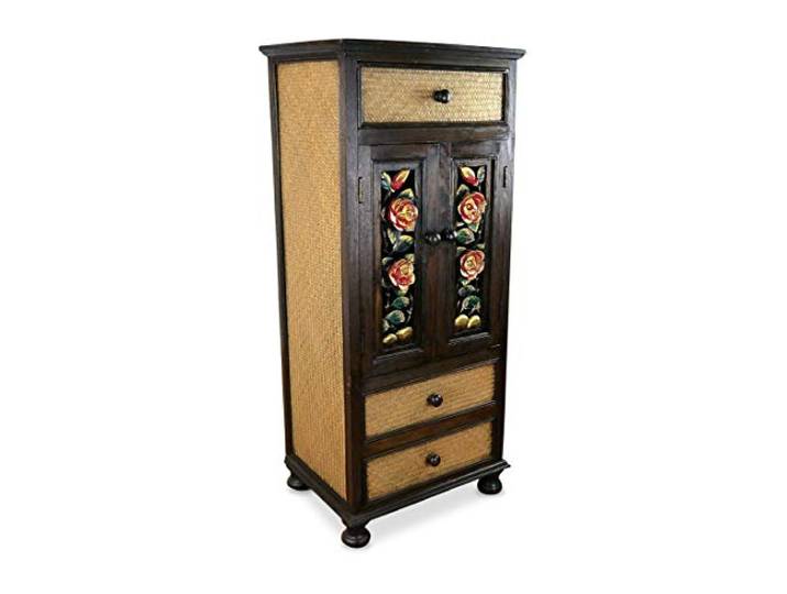 livasia Asiatischer Schrank aus Massivholz und Rattan – 50x40x120cm – Handgeschnitztes Highboard aus nachhaltigem Akazienholz mit Blumenornamenten, Asiatische Eleganz für Zuhause