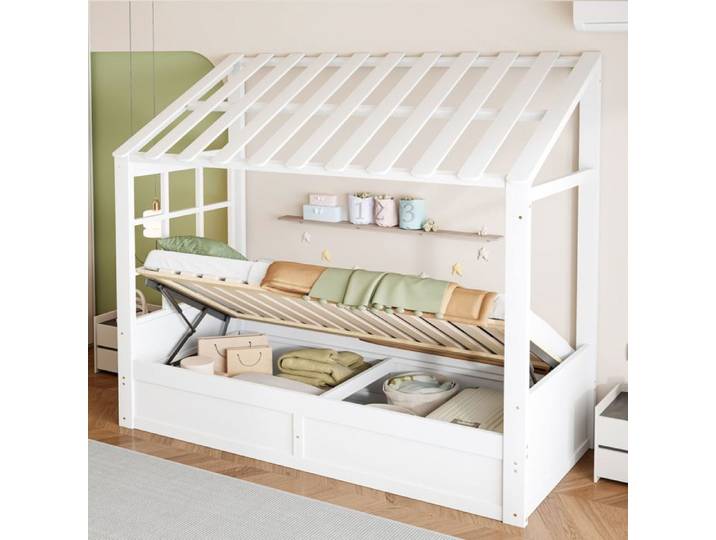 Lit Coffre - WESTYLE - Cabane 90x200 - Blanc - Coffre hydraulique - Étagères latérales