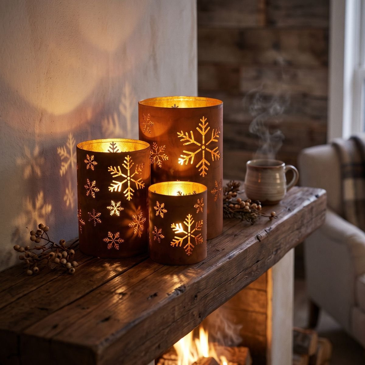 Set van 3 metalen windlicht lantaarns met sneeuwvlokken in roestkleur voor winter- en kerstdecoratie