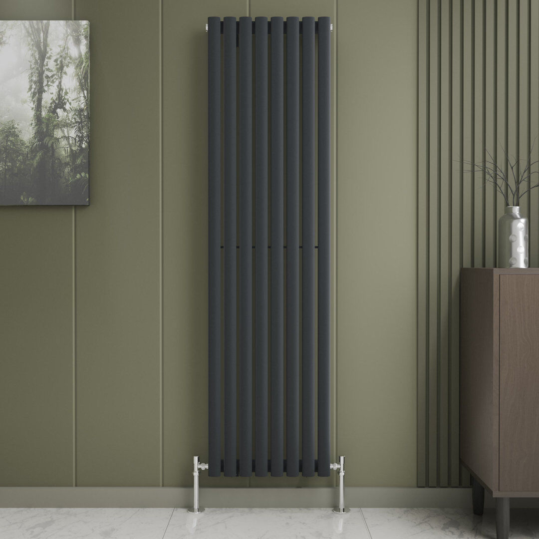 iBathUK Princia Vertical Single Oval Panel Radiator Angled Valve Grey 1800cm H x 480cm W x 55cm D