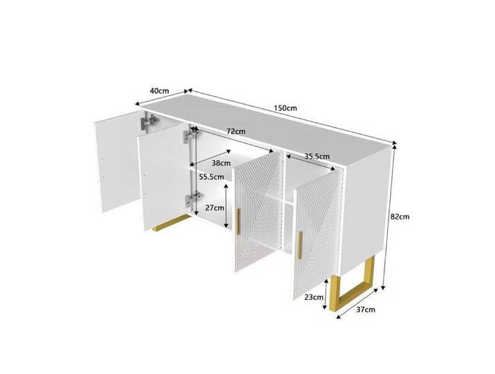 Buffet et enfilade 4 Portes avec Étagères Réglables et Charnières Amorties - TCQPZ - Blanc et Doré 150×40×82 cm