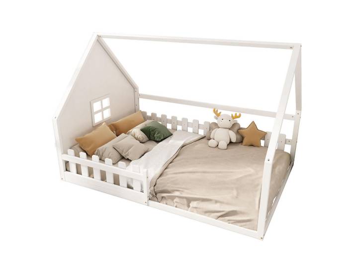 Modfu Polsterbett aus Kiefernholz und MDF 140x200 cm Weiß mit Hausdesign und Geländer, 140x200 cm, Schlafzimmer, Betten, Polsterbetten