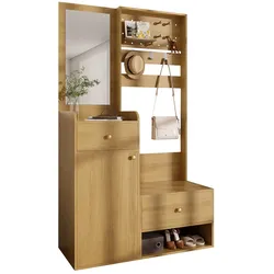 OKWISH Multifunktionaler Flurschrank mit Spiegel, 2 Schubladen, verstellbaren Haken, 105x38x180 cm, Holzfarben, Stauraum für Schuhe und Accessoires