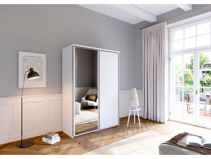 Schwebetürenschrank PRIESS Arnsberg , weiß (lichtweiß), B:144cm H:211cm T:64,5cm, Holzwerkstoff, Schränke, Schwebetürenschrank, mit Spiegel