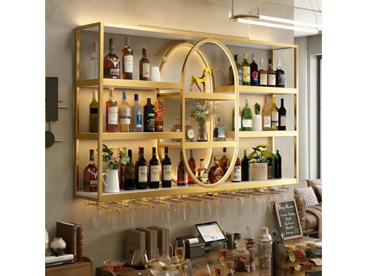 Pazcalie 160cm Modernes Wand-Weinregal Metall Oval 3-lagig Hängendes Weinflaschenregal mit Glashalter, Wandmontierter Wine Display-Ständer für Bar & Küche（160*20*120cm）