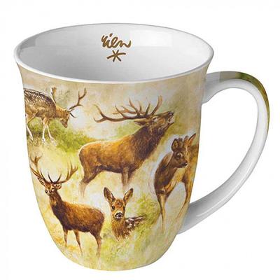 Ambiente Tasse 10cm Porzellan mit Hirsch & Reh Waldtiere Motiv - 0,4L Keramiktasse Porzellangeschirr Kaffeetasse Teetasse Kakaotasse Jagdmotiv Tiere Braun