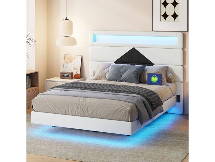 Lit flottant - EIFSON - 140x190 cm - Velours - LED - Tête de lit capitonnée