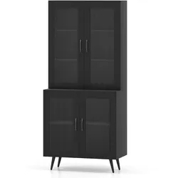 COSTWAY Hoher Küchenschrank, 178,5 cm, Küchenregal mit 4 transparenten Türen und verstellbarem Einlegeboden (schwarz)
