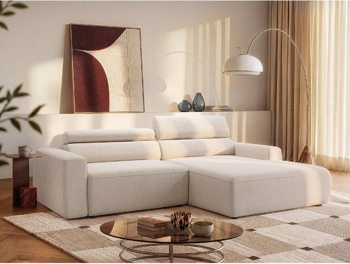 Ecksofa rechts mit elektrisch verschiebbarer Sitzfläche aus Chenille-Stoff in Beige - TONALIO