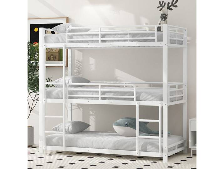 Lit superposé 90x200 cm lit en métal lit superposé en fer lit enfant adolescents et adultes blanc