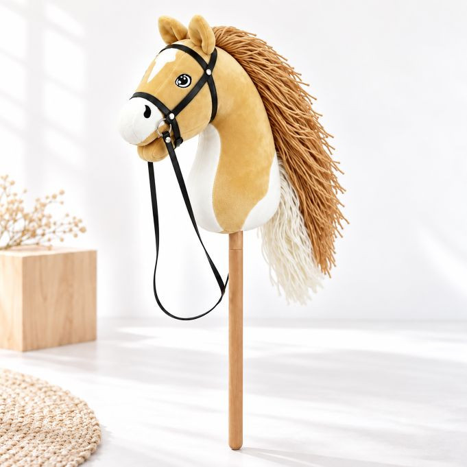 Relaxdays Pluchen stokpaard voor hobby horsing van hout en textiel