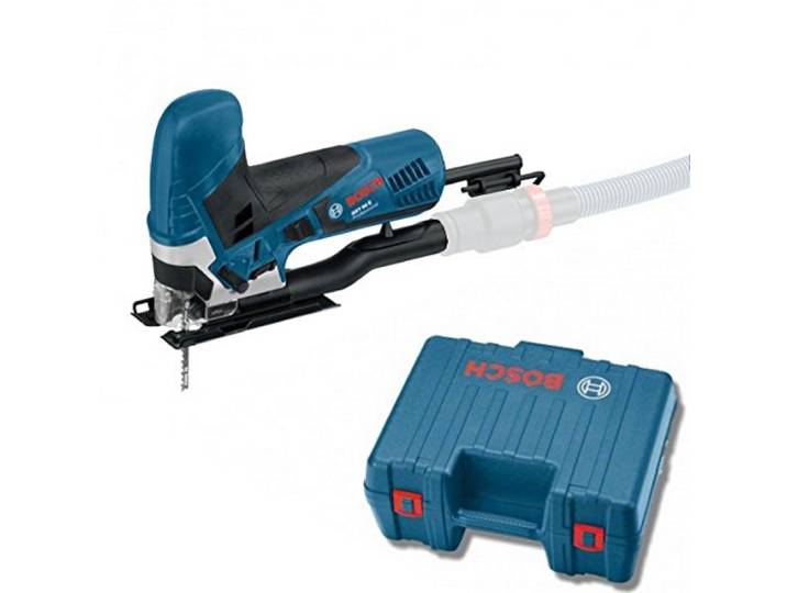 Bosch Professional Stichsäge GST 90 E (650 Watt, 1x Sägeblatt, Absaug-Set, Spanreißschutz, Schnitttiefe in Holz: 90 mm, im Koffer), 060158G000