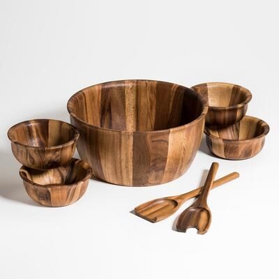 Kalmar Home 7 Piece - Extra Large Salad Bowl with Servers and 4 Individuals - 13 x 13