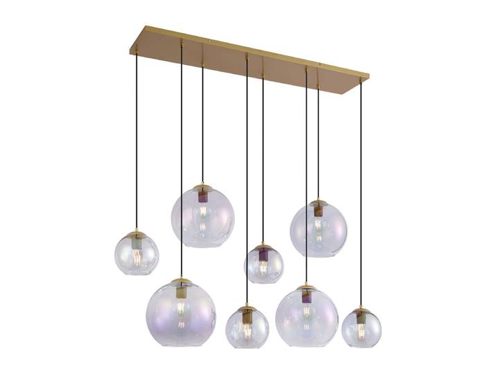 Suspension Art Déco dorée avec verre arc-en-ciel 8 lumières -