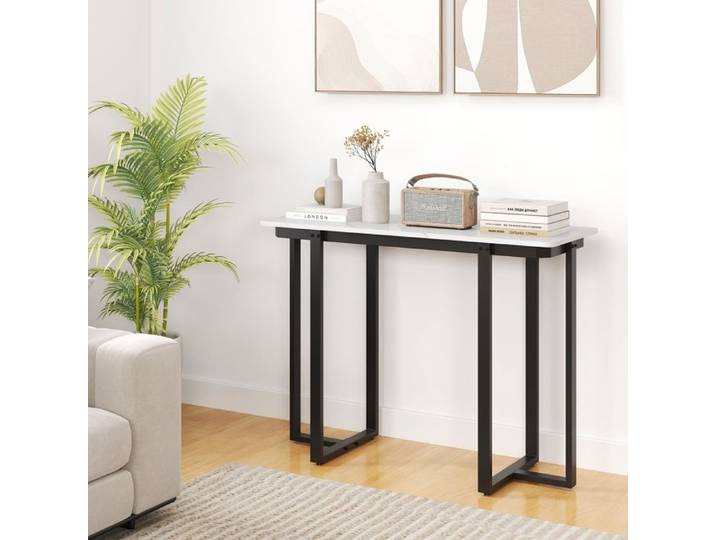 DREAMADE Table Console Table d'Entrée Moderne avec Cadre en Métal Plateau Spacieux avec Aspect Marbre Table d'Appoint Noir&Blanc