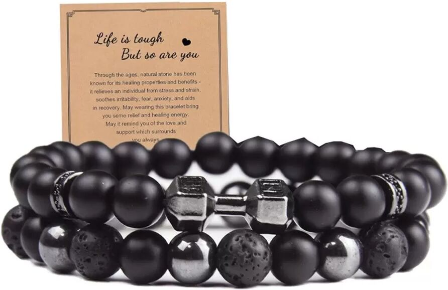 INF Ensemble de Bracelets en Pierre Volcanique et Hématite Noire Mate - Bijoux Élégants à Perles Élastiques (2 Pièces)