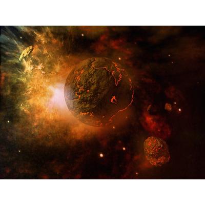 Fototapete PAPERMOON "Feuriger Planet und Asteroiden", bunt, B:4m L:2,6m, Vlies, Tapeten