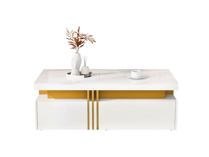 Flieks Couchtisch 100x50cm Weiß Hochglanz Marmorplatte 2 Holzschubladen Modern, 60.71x14.61x109.22 cm, Wohnzimmer, Wohnzimmertische, Couchtische
