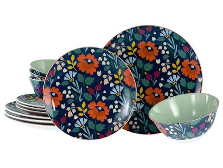 CreaTable\, 20828\, Série Folklore Bleu\, service de vaisselle de 12 pièces\, service de table en grès\, compatible lave-vaisselle et micro-ondes\, production de qualité.