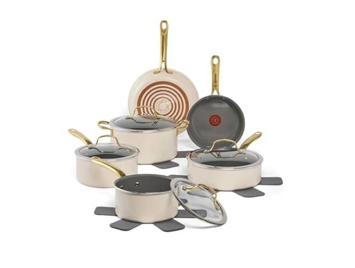 T-fal Preserve Ceramic Antihaft-Kochgeschirr, 13-teiliges Kochgeschirr-Set, Mandelbutter