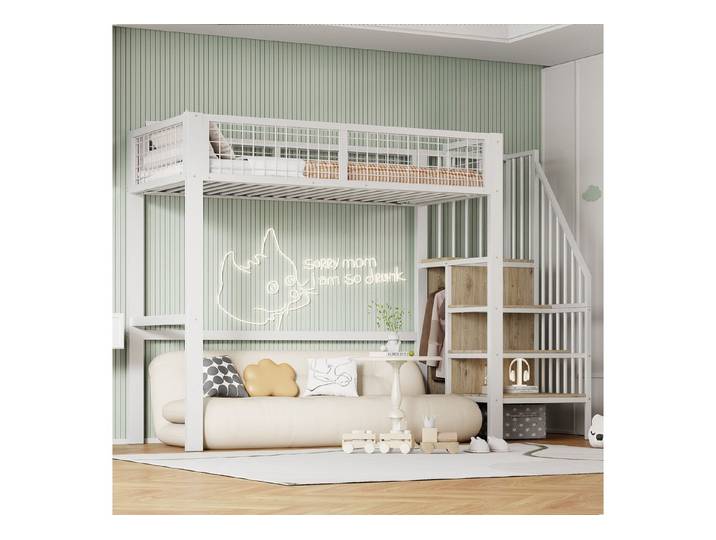 Odikalo Kinderbett Hochbett Metallbett Leiter Aufbewahrungsregal Kleiderschrank 90x200cm