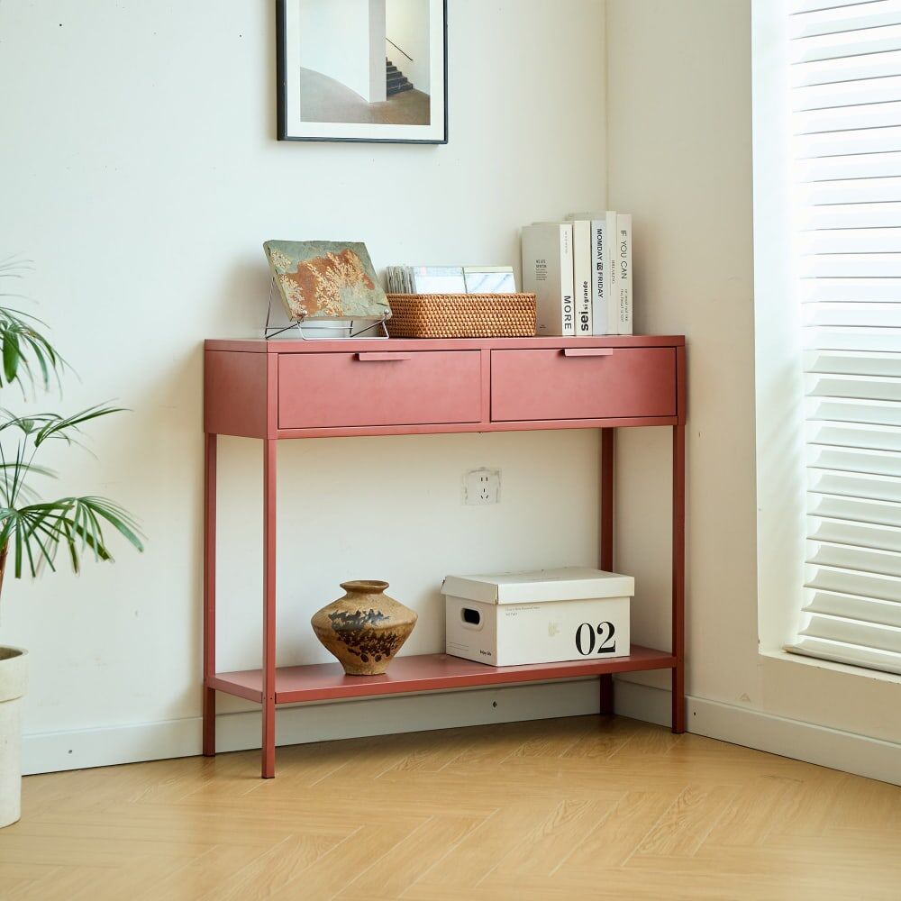 Nordlys Console en métal 2 tiroirs terracotta Rouge 30x85x100cm