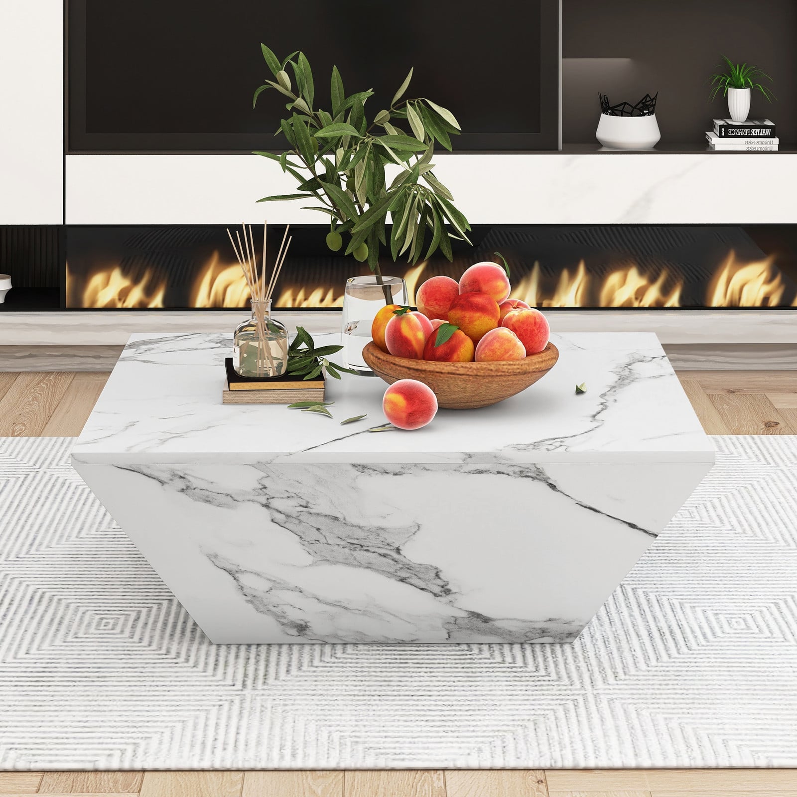 Merax salontafel met hoogglanzende marmerlook en 2 lades in trapeziumvormig design