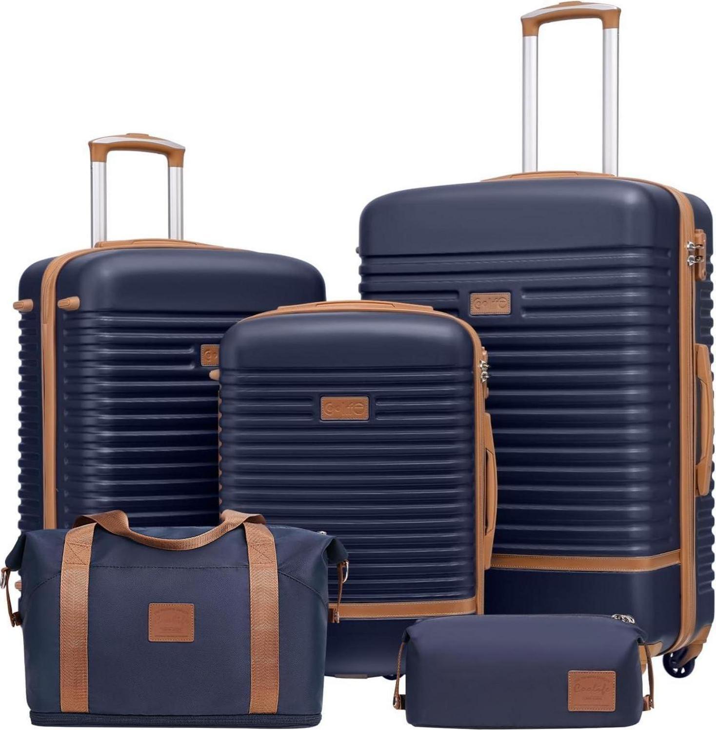 COOLIFE Koffer Trolley Set 5tlg ABS Hartschalen 4 Rollen TSA-Schloss Blue/Brown