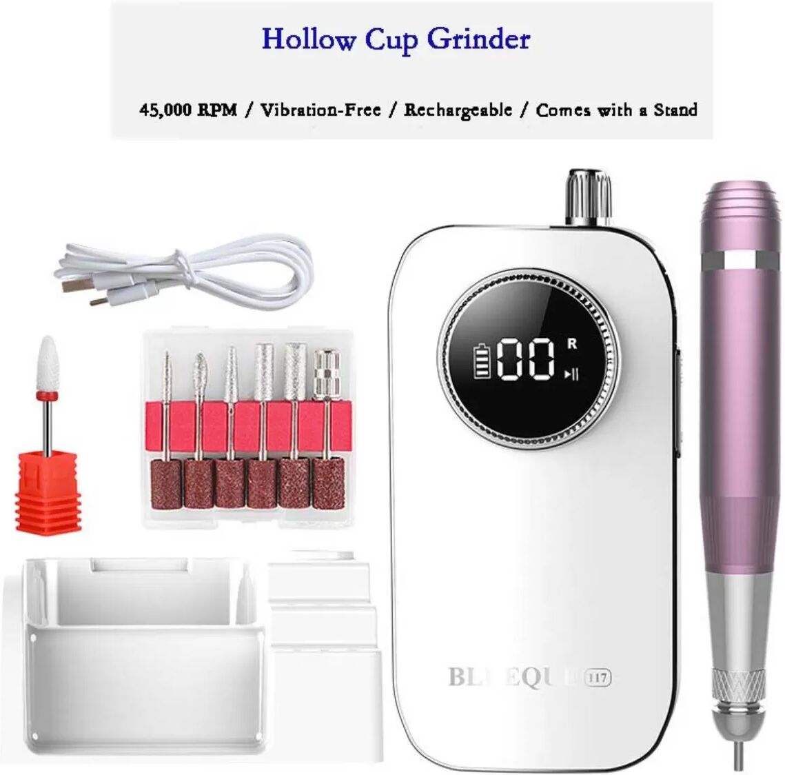 INF Lime à Ongles Électrique Portable Rechargeable 45000RPM - Avec Écran LCD Blanc