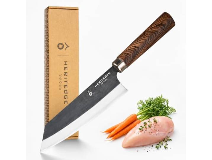 Heritedge Viet Crafts Handgefertigtes Küchenmesser – Ho Classic 17 cm Handgeschmiedet in traditioneller Schmiede in Vietnam Carbonstahl 60–61 HRC Tamarindenholz