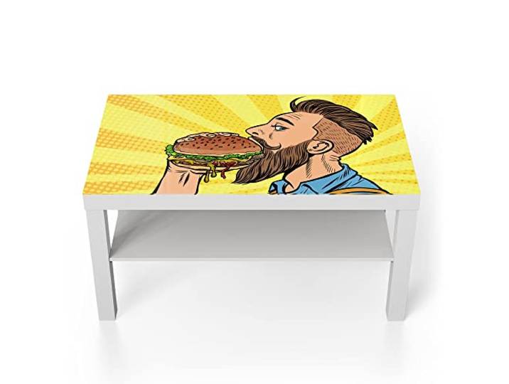 DEQORI Glastisch weiß groß 90x50 cm Motiv Bärtiger Mann isst Burger ausgefallener Beistelltisch aus Glas Hochglanz Couchtisch fürs Wohnzimmer moderner Couch Tisch mit Design