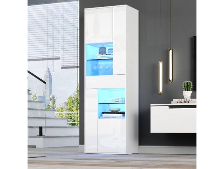 Vitrine rangement 55×38×170cm 1 tiroir 4 placards éclairage LED intégré