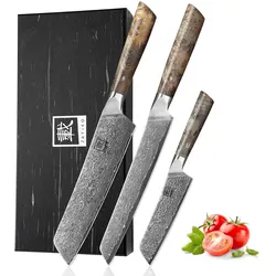 Zayiko Professional Series 3er Damastmesser-Set I 12-20 cm Klingen I Ahornholzgriffe