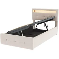 Polsterbett 90x200 cm mit LED-Beleuchtung – hydraulisches Stauraumbett mit höhenverstellbarem Kopfteil aus Samt Beige