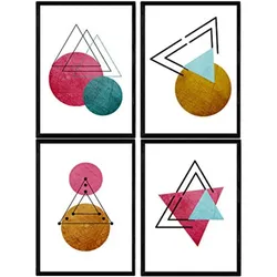 POSTER Set mit 4 Geometrische Nordischer Kreisen und Dreiecken A4 Schwarzer Rahmen