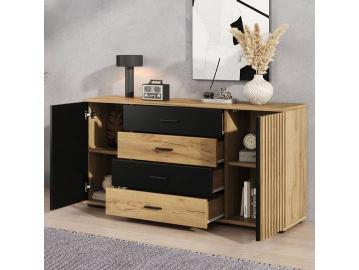 MEUBLIV Buffet bas 140 x 35 x 70 cm MDF 4 tiroirs 2 portes noir et effet bois