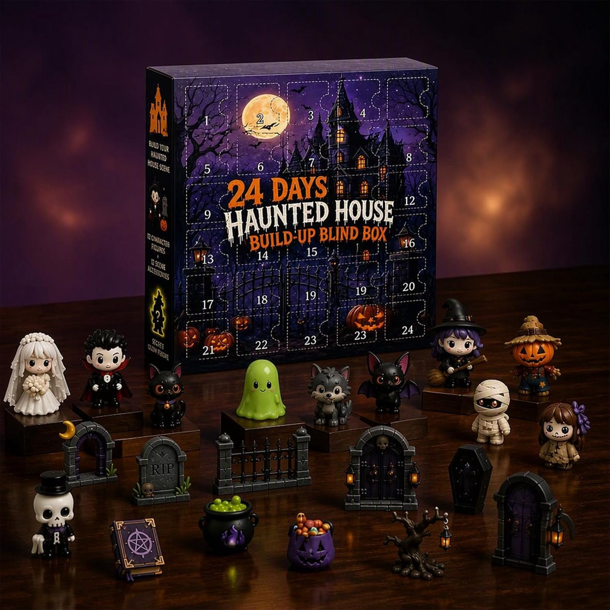 Halloween adventskalender 2026 met 24 minifiguurtjes en spookhuis decoratie