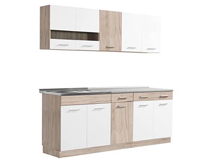 Homestyle4u Küchenzeile 200 cm Weiß Eiche - Singleküche ohne Geräte Küchenblock mit Hängeschränken & Arbeitsplatte, Sonoma Eiche/Weiß, 200 cm breit, erweiterbar