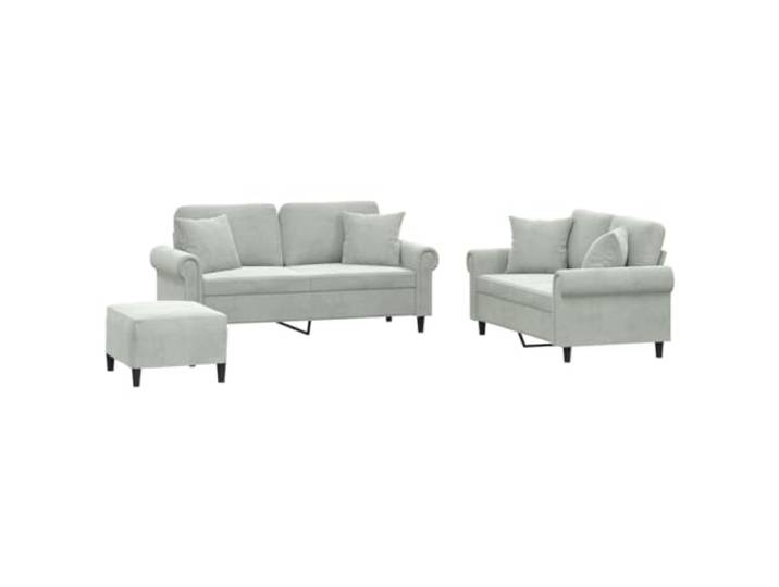 Todiikf 3-TLG. Sofagarnitur mit Hocker Samt Polstersofa Set Hellgrau Gemütliches Sitzgruppe Ensemble für Wohnzimmer und Gästezimmer, inklusive weichem Hocker sowie vier bequemen Zierkissen.