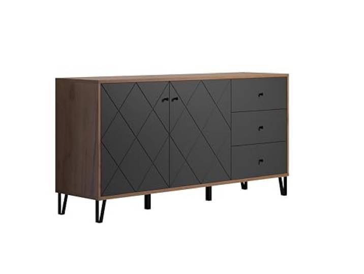 Sideboard Montez Eiche Kraft Gold / Graphite · B 183 x H 76 cm B 183 x H 76 x T 40 cm · Soft-Close-Dämpfer · Vollauszug · 12 cm Metallbeine · 2 Türen, 3 Schubladen, 2 Einlegeböden