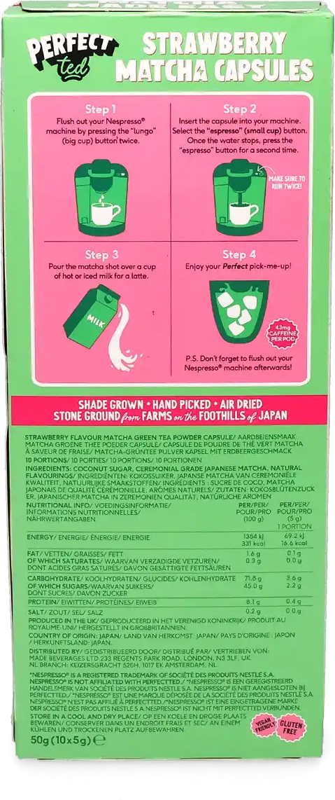PerfectTed   Fraise Matcha - 10 Capsules Matcha pour Nespresso® - Compatible Nespresso®