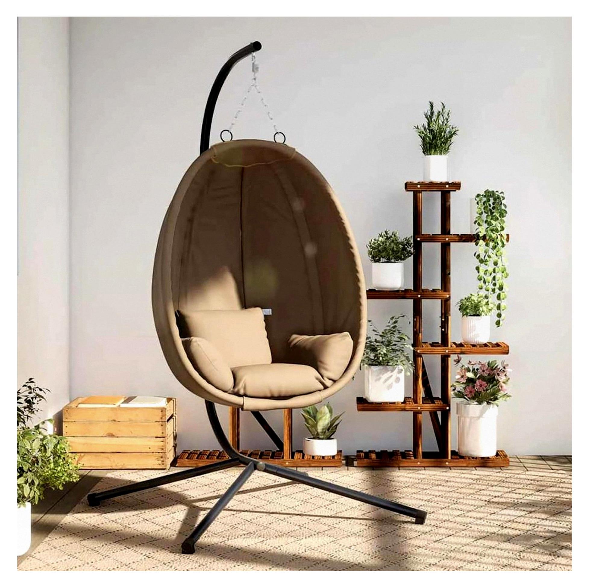 Hängesessel im Ei-Design mit Ständer in Taupe aus Stoff und Stahl, Hängekorb Sessel für Outdoor und Indoor