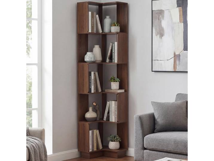 Eck-Bücherregal HWC-P53, Eckregal Standregal Wohnregal, 5 Ebenen MDF Melamin 175x40x40cm Braun