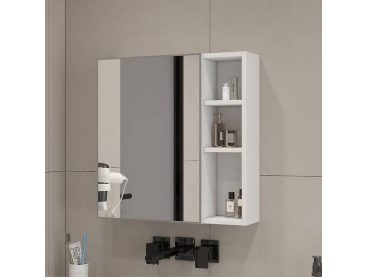 Armoire miroir salle de bain 55x56 cm meuble mural avec miroir HD rangement compartimenté porte miroir sécurisée blanc