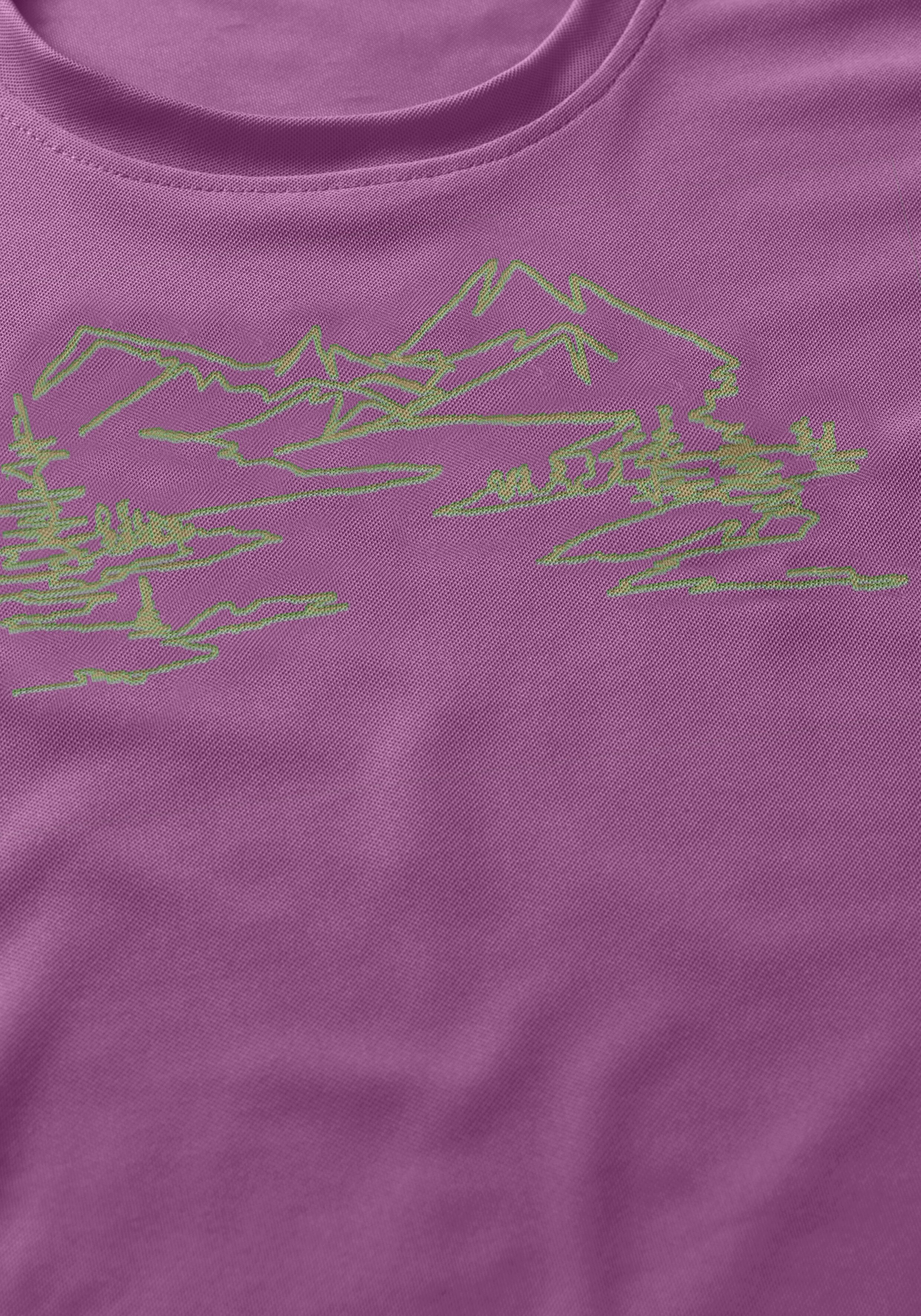 T-Shirt MAIER SPORTS "Wilma Print", Damen, Gr. 36, lila (purpurviolett), 100% Polyester, Rundhals, Shirts T-Shirt, Damen Kurzarmshirt, leichtes Sommer Funktionsshirt, Rundhals, Reg Fit purpurviolett 36