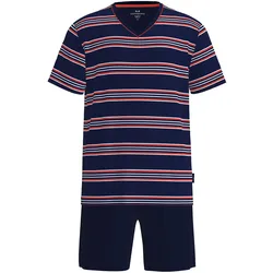 GÖTZBURG Herren Schlafanzug, kurz - Shorty, V-Ausschnitt, gestreift, Baumwolle, Pyjama Blau/Rot / XL