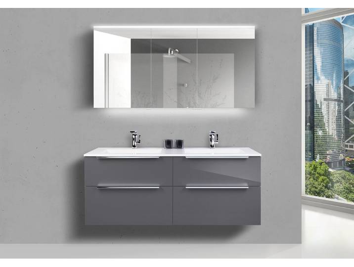 Doppelwaschtisch Evermite 140 cm Badmöbel SKY, Spiegelschrank Led, Grau Hochglanz Lack