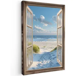 LEINWANDBILD Aussicht - Strand - Fenster - Dünen - Meer Deko Groß 90x140 cm